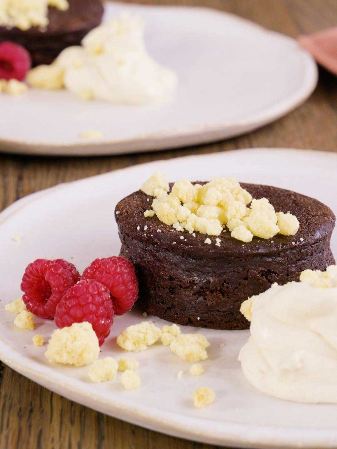 Baked Chocolate Mousse with Milk Crumble and Spiced Cream