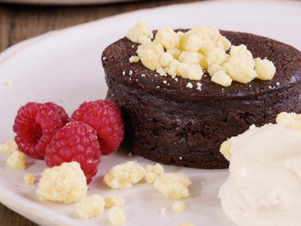 Baked Chocolate Mousse with Milk Crumble and Spiced Cream