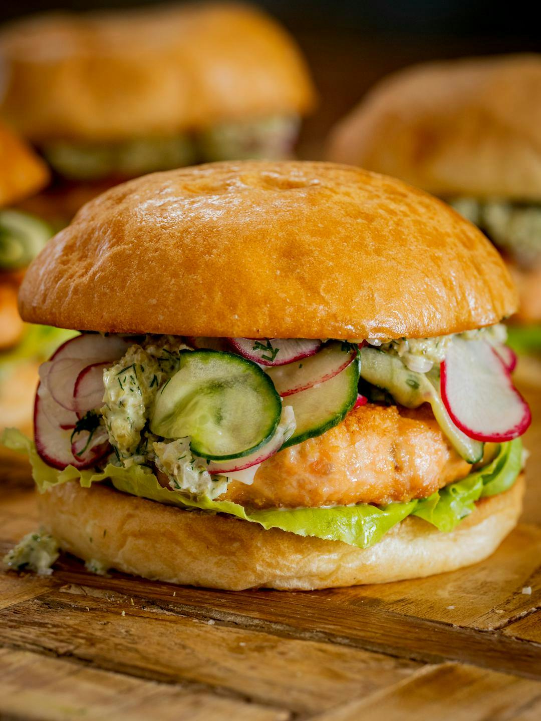 Salmon Burger with Cucumber and Radish Salad 