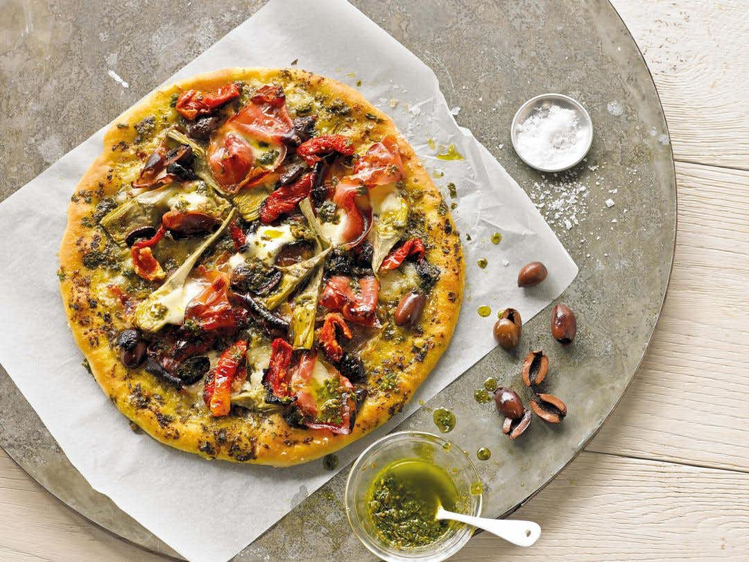 Prosciutto, Artichoke and Pesto Pizza